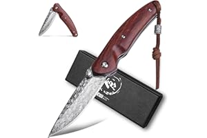 Golden Bird Mini couteau pliant, couteau de survie EDC avec noyau en acier VG10, lame forgée de 7.8cm, couteau avec manche en bois, couteau de poche pour l'extérieur avec lanyard