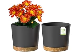 ZMTECH 25cm Plant Pots, Modern Planters with Drainage Holes and Detachable Saucer, Plastic Flower Pots for Plants for House Garden Windowsill (Set of 2, Dark Grey)