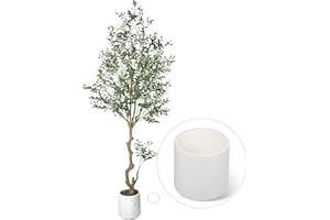 CQURE 8FT Artificial Olive Tree, Tall Faux Olive Tree Indoor Potted Fake Olive Plant with Natural Wood Trunk and Lifelike Fruits for Home Office Living Room Decor （Includes White Pot）