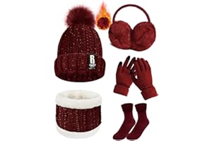 Tuopuda Ensemble Bonnet Écharpe de Doublure Polaire Gants 5 Pièces Tricotés Ensemble de Ski d’Hiver de Femmes Beanie Foulards Cache-Oreilles Chaussettes