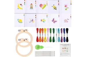 JSTHHTT 10 Pezzi Ricamo Starter Kit, Ricamo Starter Kit per Principianti, Kit per Punto Croce per Bambini, Telaio da Ricamo con Motivo, per Adulti, Bambini, Principianti
