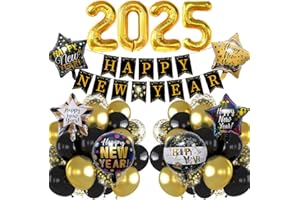 IWHEAT Silvester Deko 2025 Dekoration Set, Neujahr Silvesterdeko, Happy New Year Girlande, Schwarz Gold Luftballons Konfetti Ballons 2025 Zahlen Folienballon für Neujahr Deko Silvester Party Deko 2025
