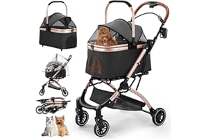 Gimars Upgrade 4 in 1 Katzenwagen & Hundewagen Bis 20kg Klappbar,360° Gummireifen Katzen Wagen Mit Hinterradbremse, Hundebuggy Mit Regenschutz Einziehbare Zugstange Für Kleine Hunde Katze Schwarz