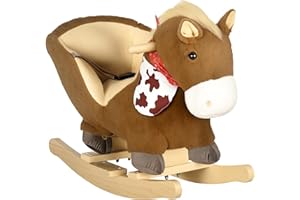 HOMCOM Kids Rocking Horse Plush Ride On Horse with Safety Belt, Realistic Sounds, Foot Pedals for Toddlers Aged 18-36 Months - Brown