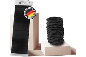 ‎B HAIR B HAIR | 50 Haargummis | Schwarz, elastisch, metallfrei | für Frauen (Damen), Männer (Herren), Mädchen und Jungen | Haarband für alle Haare und Zopfarten | 4 mm dick | 4,5 cm Durchmesser