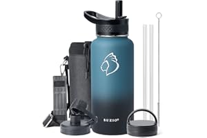 Stainless Steel Water Bottle with Straw, BUZIO Insulated Water Bottle 1L Spout Lid Hand Lid and Carrying Pouch Double Wall Leakproof BPA Free Water Falsk Travel Thermo Bottle, Indigo Crush