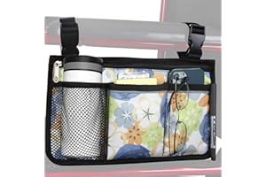 HSGEZUOQI Update Flower Color Wheelchair Bag Side Organizer Storage Armrest Pouch with Cup Holder and Reflective Stripe Use Waterproof Fabric, for Most Wheelchairs, Walkers or Rollators (Blue Rose)