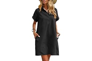 Zeagoo Vestido de verano para mujer, vestido de lino hasta la rodilla, vestido de playa casual, vestido de manga corta, vestido camisero de verano, vestido casual con bolsillos