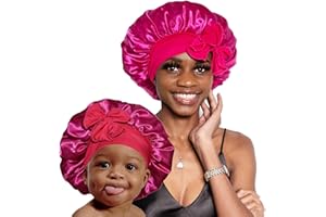BONNET QUEEN Silk Bonnet 2Pcs Mommy and Me Bonnet Set Satin Sleep Cap with Tie Band Night Hair Wrap for Sleeping for Mother and Kid, Hot Pink