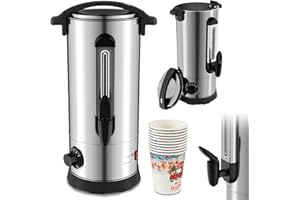 Cecaylie Bollitore per vin brulé, 10 l, colore argento, con 10 tazze, con termostato, rubinetto, indicatore di livello, argento