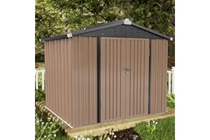 Amopatio Gerätehaus, Gartenhaus mit Pultdach, Geräteschuppen 239 x 187 x 195 cm, Gartenhaus Metall mit Tür, Verzinkte Gartenhülle Metall-Schuppen mit Fundamentrahmen, Braun