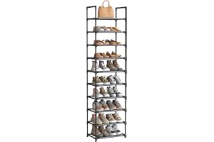 SONGMICS Skohylla, 10 hyllor, smal öppen skohylla, metallstomme, hyllor i non-woven tyg, för hall, sovrum, 28 x 45 x 173 cm, grå, LSH010G01