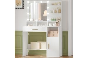 Hzuaneri Toaletka z Lustrem i 10 Lampkami Led, Toaletka z 3 Półkami i 4 Otwartymi Przegrodami, z Dużą Szufladą i Szafką, 3 Regulowane Jasności Oświetlenia Biały EVT08103X