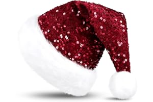KONVINIT Weihnachtsmütze Erwachsene Nikolausmütze Weihnachtsmann Mütz mit Glitzer Pailletten und Plüsch Rand für Christbaumspitze Festliche Weihnachtsfeier Tannenbaum,rot