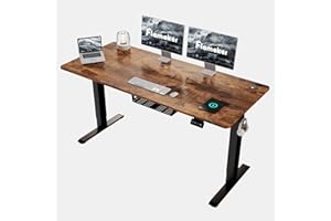Flamaker Standing Desk with Drawers, 160 x 70 cm Electric Desk with USB Charging Sit Stand Desk Height Adjustable Desk with Cable Management Tray, Rustic Brown with Wheels