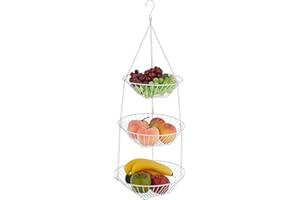 Relaxdays Frutero Colgante, 73x28 cm, 3 Niveles, Acero, Cesta Redonda Fruta y Verdura, Almacenamiento Cocina, Blanco