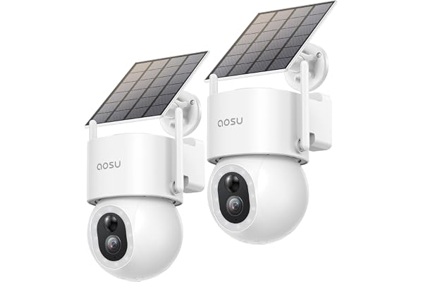 aosu 3K 5MP Caméra Surveillance WiFi Extérieur sans Fil, Panneau Solaire Mobile Haute Capacité, 360° PTZ, AI Détection Personne Voiture, Animal, Grillage, Alarme, Vision Nocturne Couleur, 2 pqt