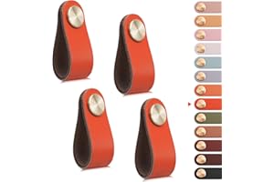 LEREATI 4pcs Leather Drawer Handles Drawer Knobs Kitchen Cupboard Handles Leather Drawer Pulls, Door Knobs for Cupboards, Wardrobe, Dresser, Closet (Orange, Single Hole)