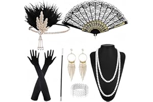 DUTACK 9 Stück 20er Jahre Accessoires Damen, 20er Jahre Kostüm Damen, 20er Jahre Kleid Zubehör, Karneval Great Gatsby Outfit Accessoires, Kopfschmuck, Handschuhe, Perlenkette, Armband, Ohrringen, FaltfäCher