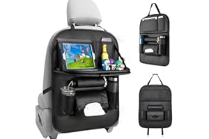 Ruspela Organizadores Asiento Para Coche, Organizador de asiento de coche con bandeja de mesa plegable de cuero sintético para asiento trasero con múltiples bolsillos organizador de coche
