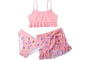 SOLU DAY8 Ensemble 3 Pièces Maillot De Bain Maillot De Bain Ado Fille 8-14 Ans Hauts De Maillots + Bas De Maillots Tanga + Jupe Maillot De Bain Adolescente Fille Natation Piscine Sport Plage