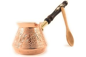 THE SILK ROAD TRADE ACI Series (Medium-13 fl oz) - Thickest Solid Engraved Copper Turkish Greek Arabic Coffee Pot with Wooden Handle, Stovetop Coffee Maker, Jazzve, Cezve, Ibrik, Briki, Café Turco