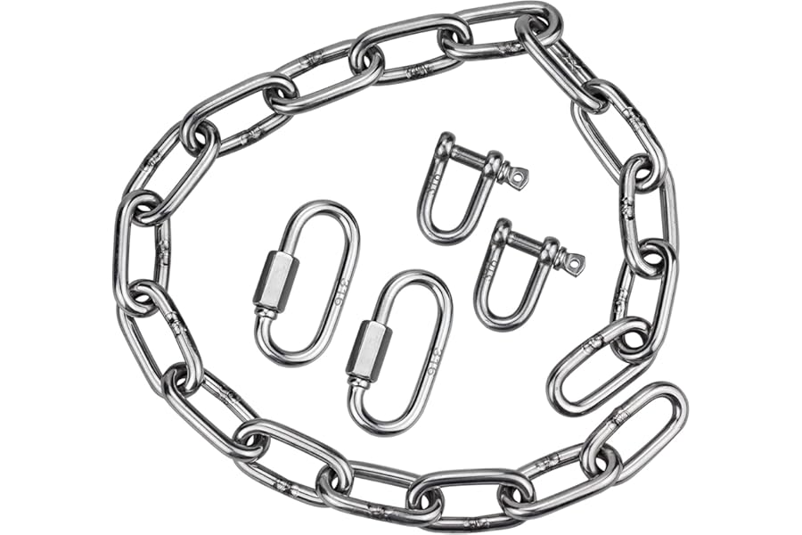 5 mm Thick 316 Stainless Steel Chain, Strong Bright Heavy Duty Steel Welded Chain Links with 2 Carabiners and 2 Shackle Screw Connectors 50 cm