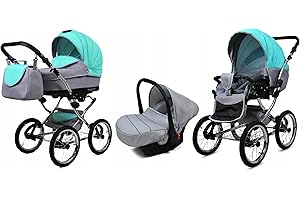 BabyLux® Kinderwagen Set 3 in 1 - Margaret Exclusive - incl. Babywanne, Buggy Sportsitz, Auto-Babyschale - Autositz - Kinderwagenset - Kombikinderwagen mit Wickeltasche, Regenschutz usw.