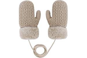 FAKEFACE Baby Toddlers Winter Thick Double Knitted Gloves Full Finger Wrist Mittens with Fleece Lining Insulated Fluffy Mittens Hand Warmer with Anti-Lost String for Girls Boys Age 1-4 Years