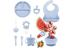 DIDI&GAR Juego Vajilla Bebe Silicona 9 Piezas, Plato y Bol con Ventosa, Babero, Taza, Cubiertos, Mordedor, Chupete y Estuche, Antideslizante, Libre de BPA, Baby Led Weaning, Ideal Para Regalo