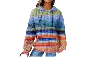 EMATOP Damen Baumwolle Hoodie Causal Langarm Kapuzenpullover Herbst Winter Warm Pullover Vintage Bunte Print Sweatshirt mit Kapuze Pulli Oberteile Mode Waffel Kapuzenpulli mit Taschen Outwear