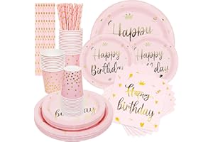 120pcs Vaisselle Anniversaire, Gobelets et Assiettes Carton Anniversaire pour 24 Invités, Assiettes en Papier Pailles en Papier et Serviettes pour Fille Femme Décoration de Fête