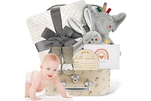 Baby Gift Basket, Newborn Baby Boy Gift Basket, Multiple Pieces Newborn Essentials for New Baby Gifts Basket Set with Baby Blanket, Baby Bunny Rattle, Keepsake Milestone, Elephant Toy, Baby Socks