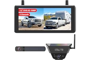AUTO-VOX Solar Wireless Reversing Camera System with Two Cameras (License Plate & Portable): 7.2” 1080P HD Dual Channel Monitor, IP69K Waterproof Reverse Camera for Motorhome, Camper, Trailer,Van