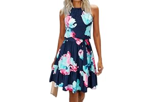 Newshows Women's Summer Halter Neck Dresses Floral Print/Solid Sleeveless Ruffle Party Sundress with Pockets