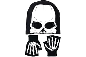 BOMJJOR Fingerless Skeleton Gloves and Skull Maskfor Kids Glow in Dark Unisex Hand Riding Knit Gloves Halloween Black