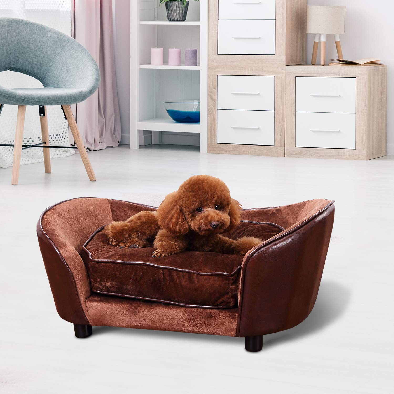 Pawhut Luxury Pet Sofa Dog Bed Chair Puppy Cat Kitten Soft Mat Home Indoor Couch House W Cushion Coffee Large
