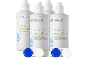 ‎LENSDEALER KONTAKTLINSEN ZUM DEALPREIS Lensdealer Kontaktlinsen Fluessigkeit für weiche Linsen, Pflegemittel mit Hyaluron, All-in-One Kombilösung 4 Flasche à 360ml Kontaktlinsenflüssigkeit inkl. 4 Linsenbehälter