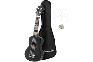 World Rhythm - Ukulele Soprano per Principianti, Finitura Nera, Con Custodia, Corde Di Ricambio e Plettro In Feltro, Con Corde Aquila, Nero