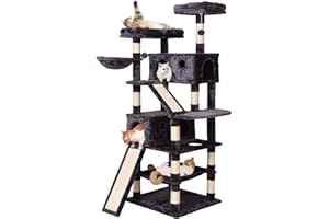 JISSBON Cat Tree Cat Tower 178cm, Multi Level Cat Scratching Post with Condos, Ladders, Basket, Hammock & Plush Perches for Kittens, Large Cats, Grey