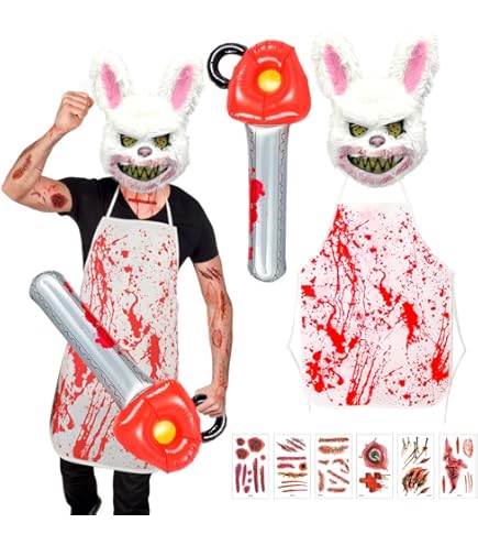 Beipegin Déguisement Boucher Tablier Boucher Sanglante Couteau Cicatrices Tatouages Serre Tete Halloween Déguisement Zombie Costume Halloween Homme Femme