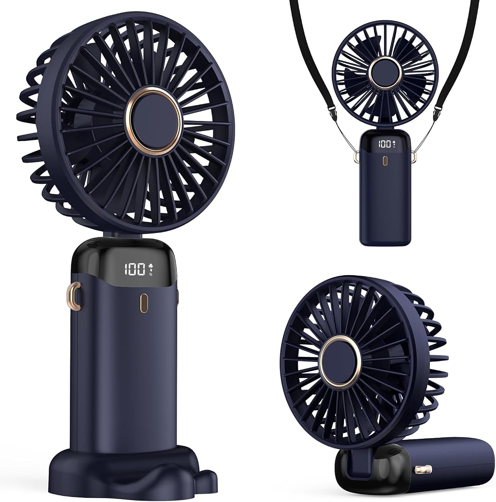 Refluxe Taşınabilir USB Vantilatör, 4200mAh Şarjlı El Tipi Fan, LED Ekranlı, 3'ü 1 Arada El/Boyun/Masa Fanı, Yaz, Ofis, Seyahat için, Kadınlar, Kızlar ve Çocuklara Hediye (Lacivert)