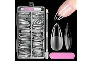 Venares zestaw tipsów migdałowych, 120 sztuk, miękkie tipsy żelowe do paznokci żelowych, migdałów, 12 rozmiarów, krótkie tipsy do trumny, zestaw tipsów z klejem, bufor do skórek paznokci, pełne