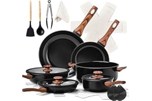 ROVSUN Batterie de Cuisine Induction 20 Pièces, Casserole Induction avec Poignée Bois Anti-Brûlure, Set de Casseroles et Poêles, 6 Casseroles, 3 Couvercles, Tout Feux, Antiadhésive, Noir