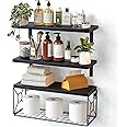 Pipishell Floating Shelves with Wire Strorage Basket, Paulownia Wood Floating Shelves for Home Organization & Wall Decor, Bathroom/Kitchen/Living Room/Office Shelves, Set of 3+1, Natural (Black)