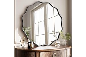Koonmi Wavy Edge Large Round Mirror, 60cm Wall Mirror with Textured Round Metal Frame, be Hung or Placed against the Wall, suitable for Bathroom, Corridor, Entrance, Living Room, Black