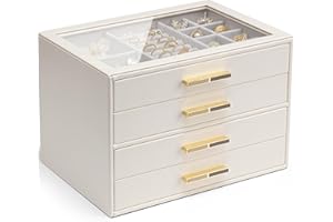 Vlando White Jewellery Box with Glass Lid, 4-Tier Jewellery Organiser, Jewellery Storage with 4 Drawers for Watches,Sunglasses, Gift for Women, For Ring, Necklace, Earring, Bracelet, White