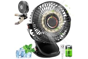 MUXIWRP Mini ventilateur de table à clip, USB, batterie 5000 mAh, silencieux, 5 vitesses, rotation à 720 °, pour la maison, le bureau, le camping (noir)