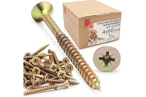 LUN FIX Vite universale, 4,0 x 60 mm, 1 kg (310 pezzi), con impronta a croce PZ2, testa piatta, viti per legno, zincate, viti multiuso, viti a croce