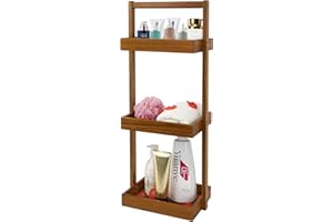 Utoplike Teak narożny stojak prysznicowy, 3-poziomowy, stojący organizer prysznicowy z uchwytem, drewniany stojący kosz na szampon, ręczniki w łazience, salonie, biurze, kuchni na biurko